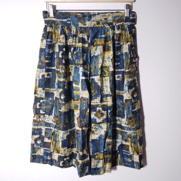 Vintage Dresses & Skirts - Artsy Abstract Midi Skirt XS Small Blue Mod Pleated Handmade High Waist